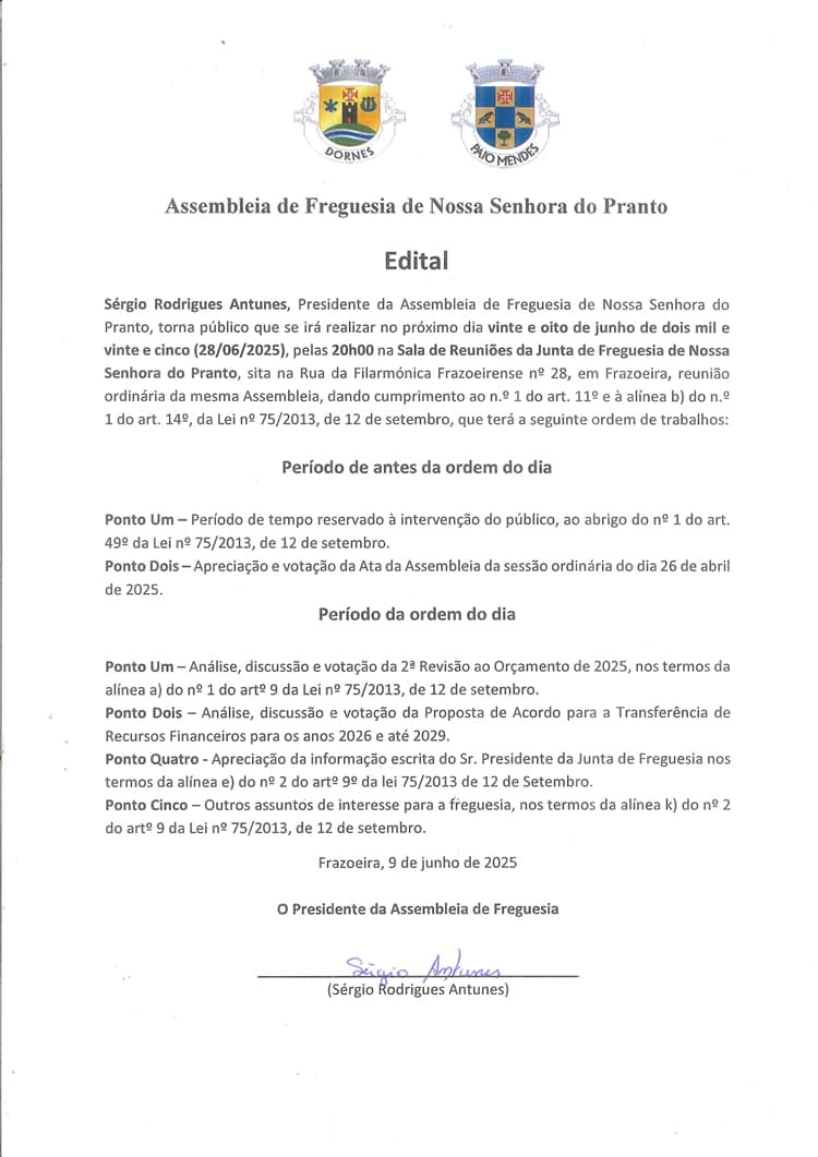Assembleia de Freguesia de Nossa Senhora do Pranto – 28 de junho de 2025