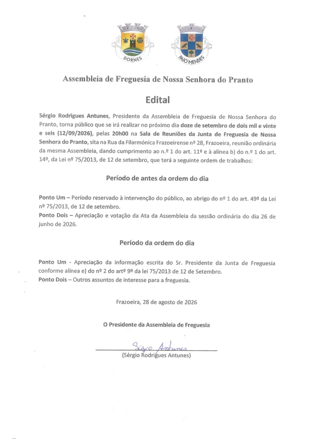 Assembleia de Freguesia de Nossa Senhora do Pranto - 12 de setembro de 2026